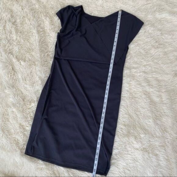 Slate Gray Draped Front Raw Edge Sheath Dress - Picture 6 of 11